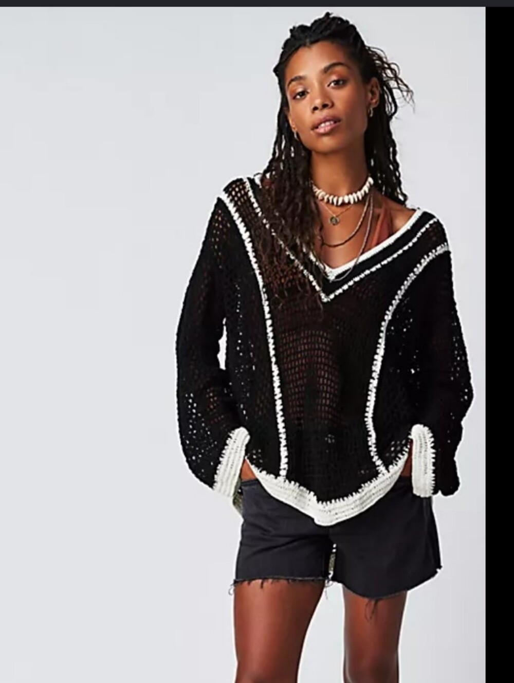 Free People x Flook Crochet Tunic Sweater Black White V-Neck Slouchy Size Small